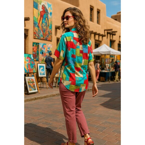 Alfred Dunner 12 Abstract Print Shirt Boldwear Retro Colorblock Artwear Blouse - Picture 5 of 13